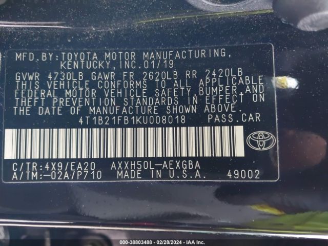 4T1B21FB1KU008018 Toyota Avalon Hybrid Xle