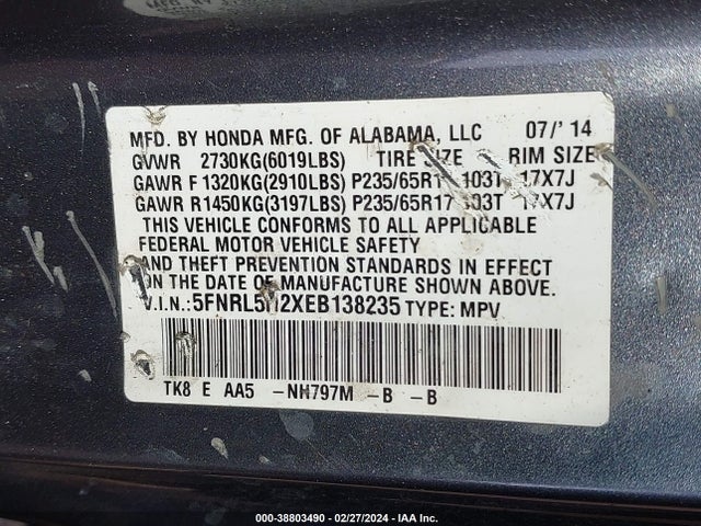 Honda ODYSSEY LX 2014 5FNRL5H2XEB138235 Image 9