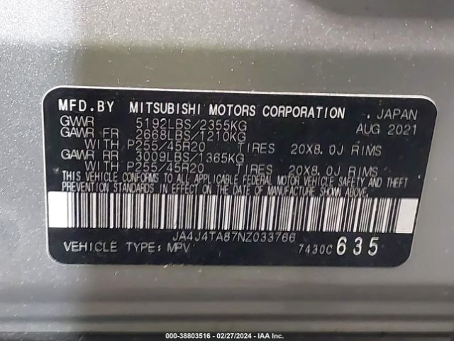 JA4J4TA87NZ033766 Mitsubishi Outlander Es 2.5 S-awc