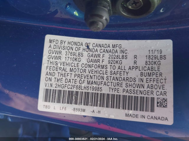 Honda Civic Lx 2020 2HGFC2F68LH519985 Image 9