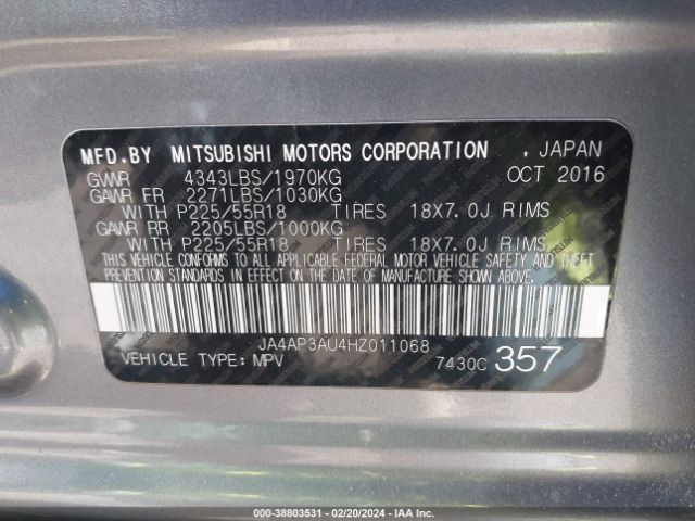 JA4AP3AU4HZ011068 Mitsubishi OUTLANDER SPORT