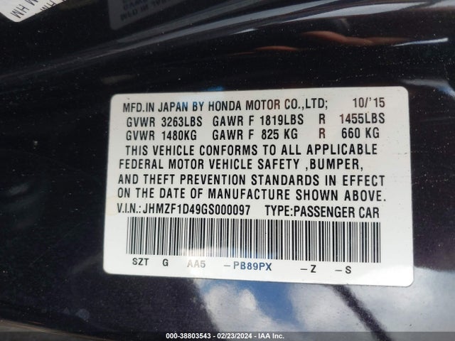 Honda Cr-z Lx 2016 JHMZF1D49GS000097 Image 9