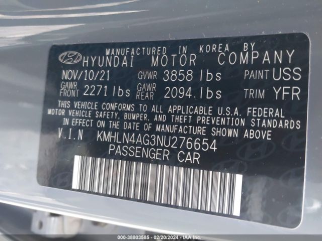 KMHLN4AG3NU276654 Hyundai ELANTRA SEL