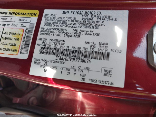 Ford FUSION SE 2015 3FA6P0H90FR238096 Image 9