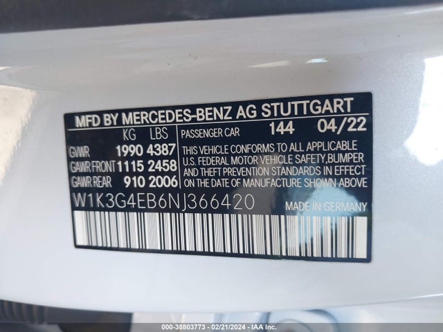 W1K3G4EB6NJ366420 Mercedes-Benz A 220