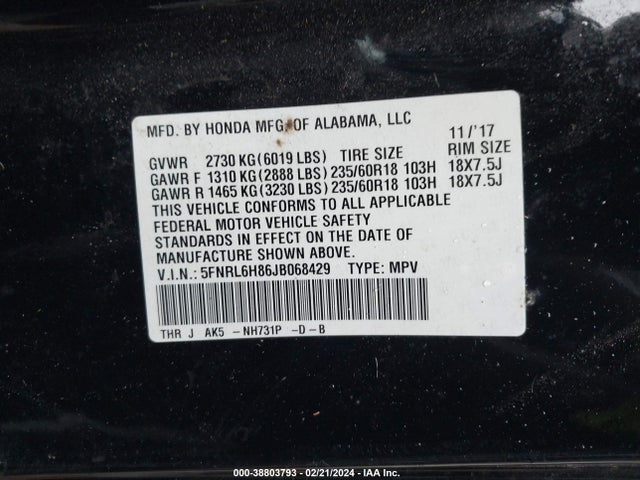 Honda Odyssey Touring 2018 5FNRL6H86JB068429 Image 9