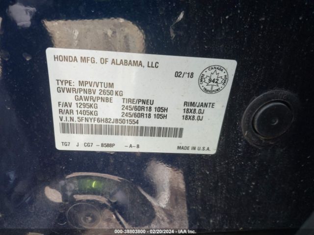 5FNYF6H82JB501554 Honda Pilot Ex-l
