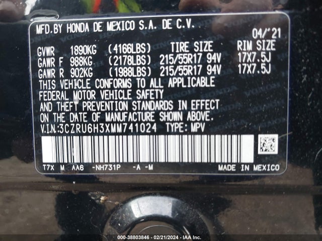 Honda Hr-v Awd Lx 2021 3CZRU6H3XMM741024 Image 9