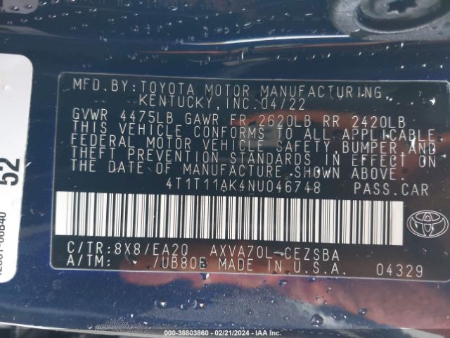 4T1T11AK4NU046748 Toyota CAMRY SE