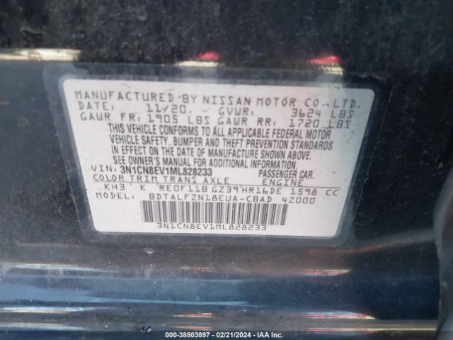 3N1CN8EV1ML828233 Nissan Versa Sv Xtronic Cvt