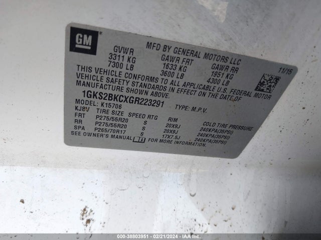 GMC YUKON SLT 2016 1GKS2BKCXGR223291 Image 9