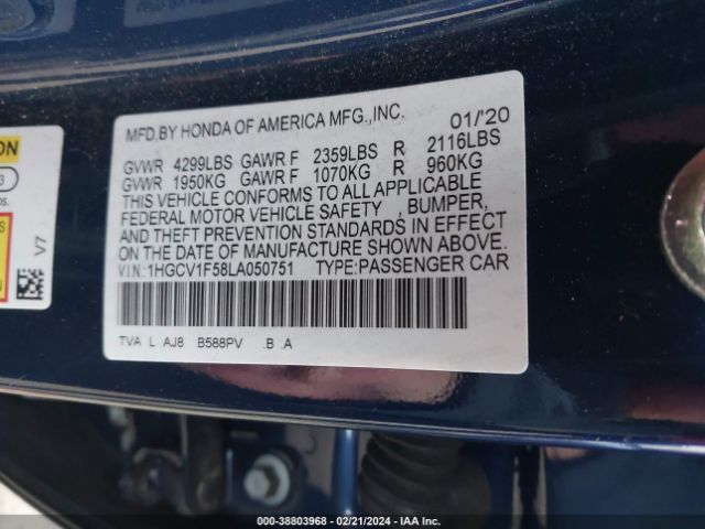 1HGCV1F58LA050751 Honda Accord Ex-l