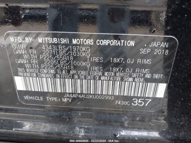 JA4AP4AU2KU002993 Mitsubishi Outlander Sport 2.0 Se