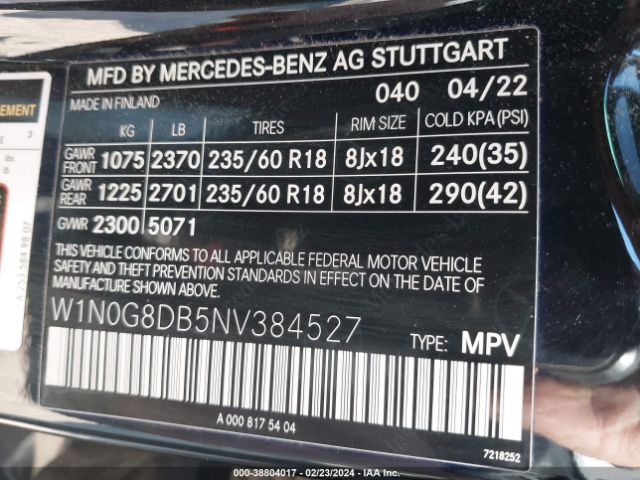 W1N0G8DB5NV384527 Mercedes-Benz Glc 300 Suv