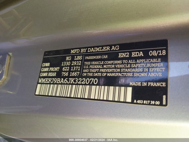 WMEFJ9BA6JK322070 Smart Fortwo Electric Drive Passion/prime/pure