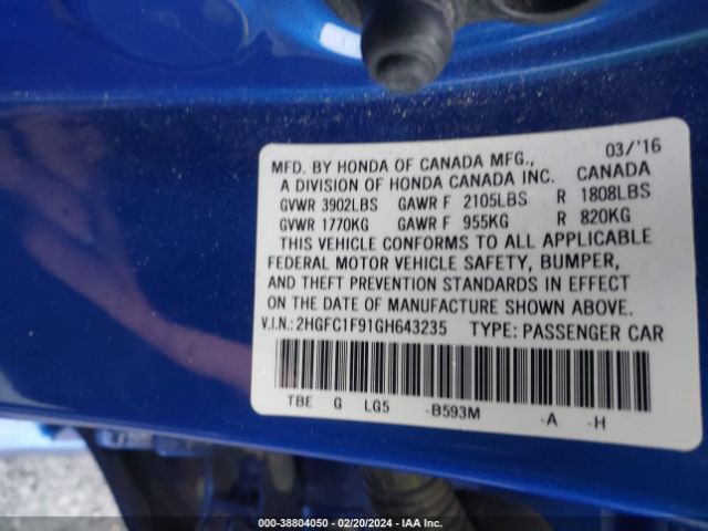 2HGFC1F91GH643235 Honda Civic Touring