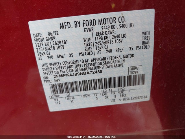 Ford EDGE SEL 2022 2FMPK4J99NBA72488 Image 9