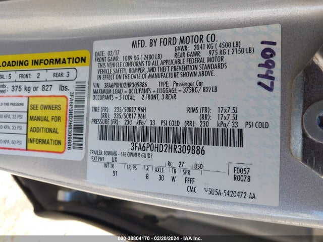 Ford FUSION SE 2017 3FA6P0HD2HR309886 Image 9