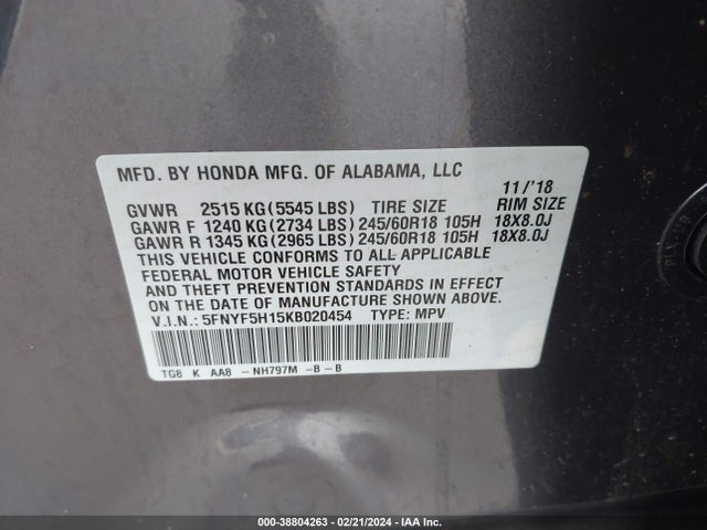 Honda PILOT LX 2019 5FNYF5H15KB020454 Image 9