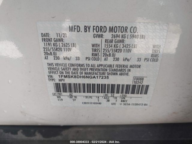 2022 FORD EXPLORER 1FMSK8DH6NGA17235 Photo 8