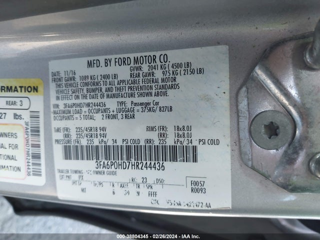 Ford FUSION SE 2017 3FA6P0HD7HR244436 Image 9