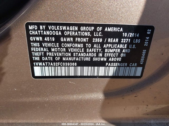 1VWAT7A32FC039366 Volkswagen Passat 1.8t S