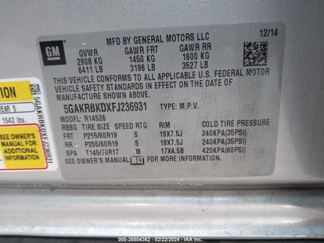 5GAKRBKDXFJ236931 Buick Enclave Leather