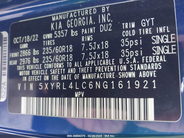 KIA SORENTO S 2022 5XYRL4LC6NG161921 Image 9