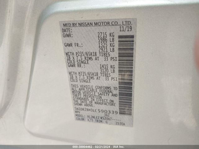 5N1DR2BM3LC590339 Nissan Pathfinder Sv 4wd