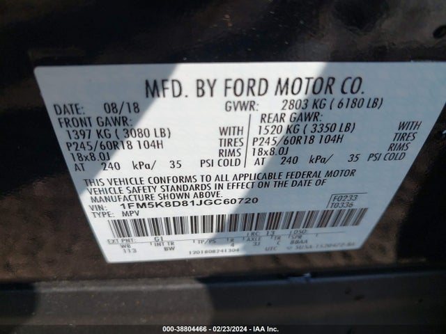 Ford EXPLORER XLT 2018 1FM5K8D81JGC60720 Image 9