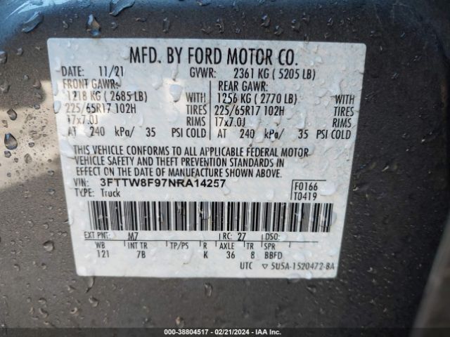 3FTTW8F97NRA14257 Ford Maverick Xlt