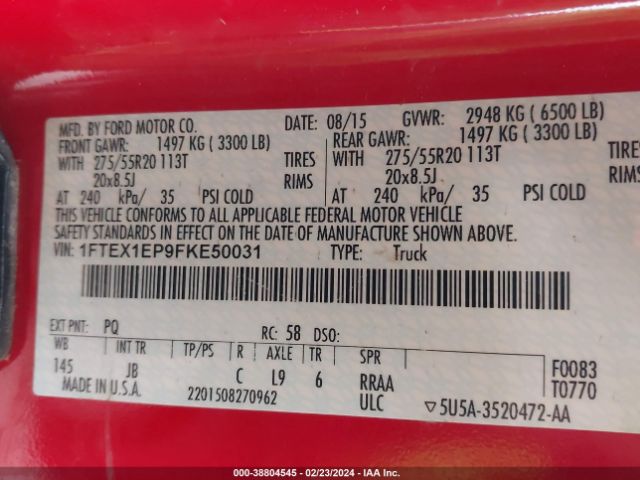 1FTEX1EP9FKE50031 Ford F-150 Xlt