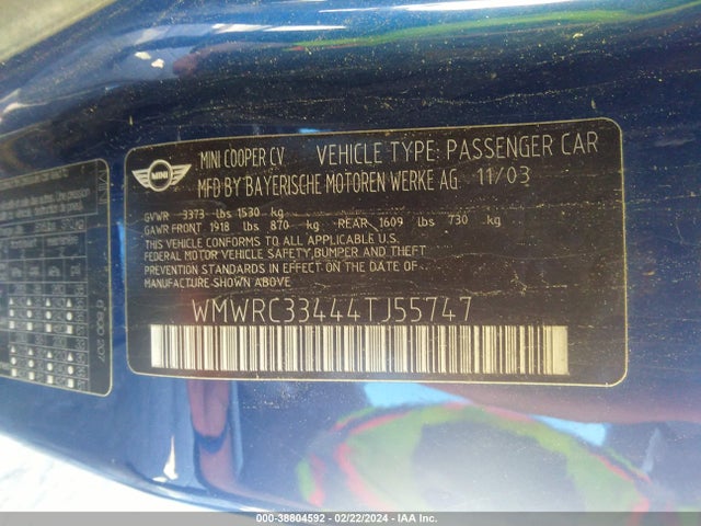2004 MINI COOPER WMWRC33444TJ55747 Photo 8