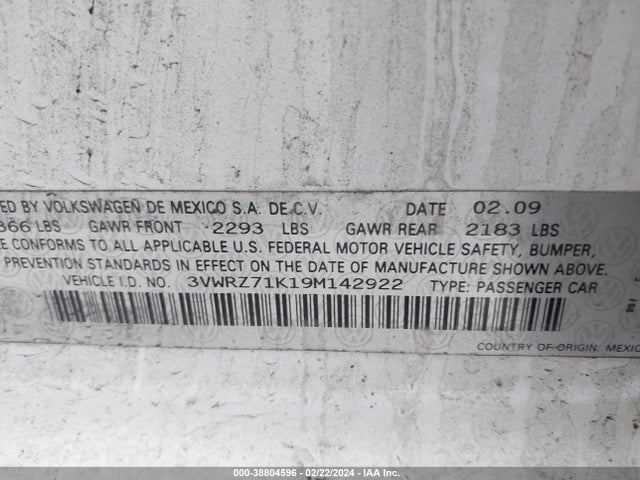 2009 VOLKSWAGEN JETTA SE VIN: 3VWRZ71K19M142922