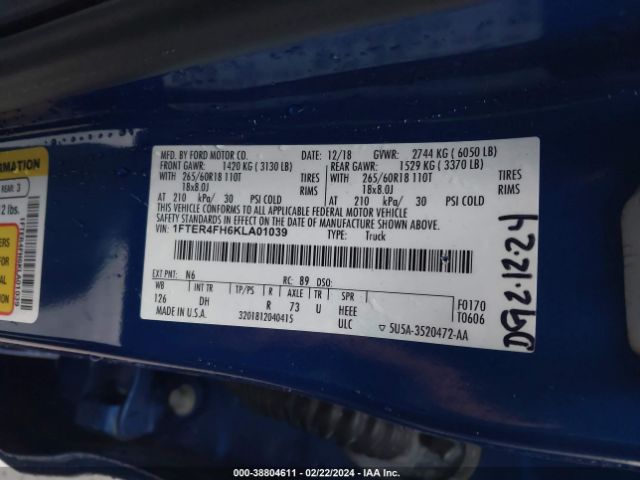 1FTER4FH6KLA01039 Ford Ranger Lariat