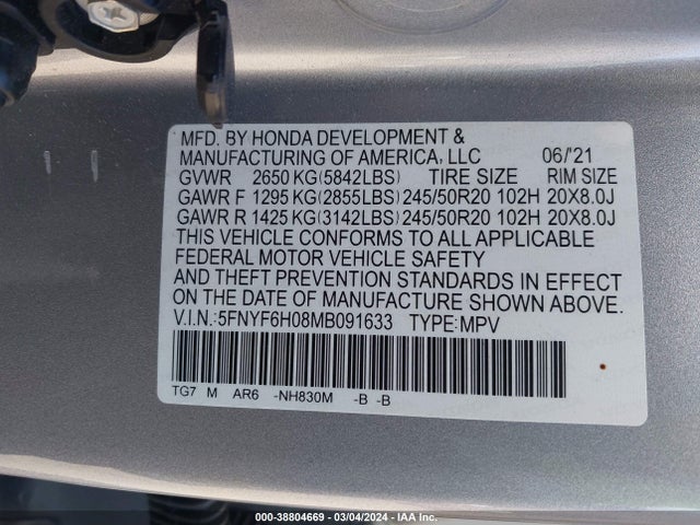 Honda Pilot Elite 2021 5FNYF6H08MB091633 Image 9