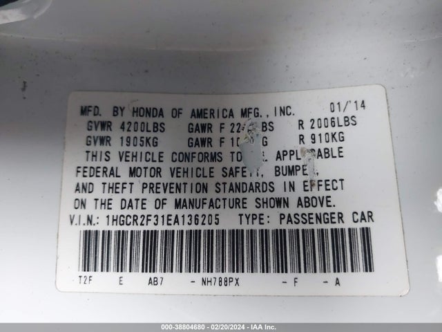 Honda ACCORD LX 2014 1HGCR2F31EA136205 Image 9