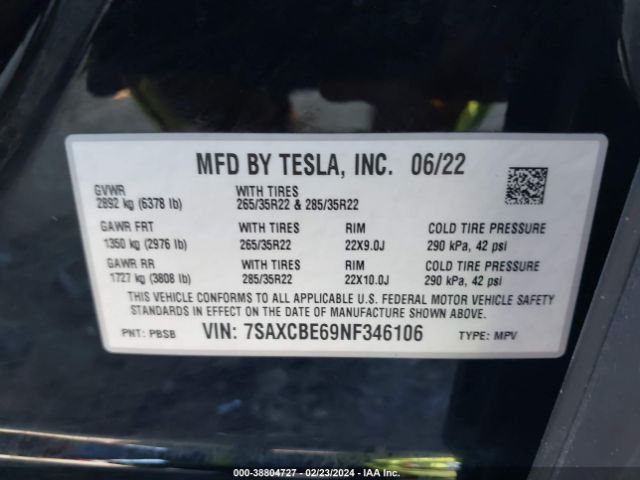 7SAXCBE69NF346106 Tesla Model X Plaid Tri Motor All-wheel Drive