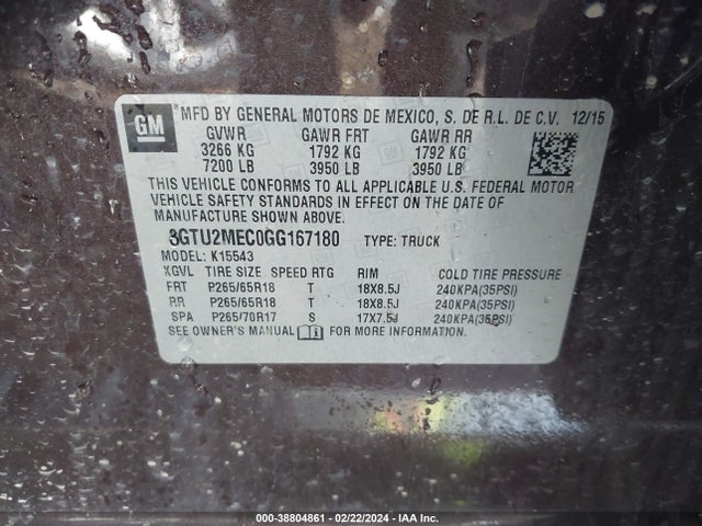 3GTU2MEC0GG167180 GMC Sierra 1500 Sle