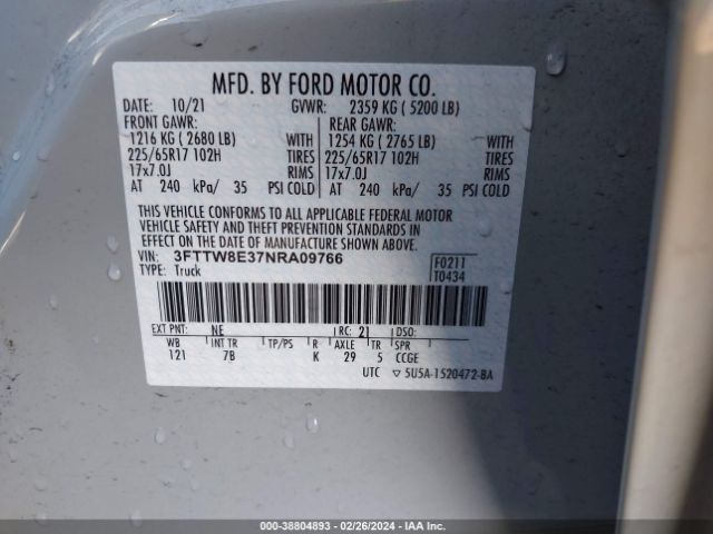 3FTTW8E37NRA09766 Ford Maverick Xlt