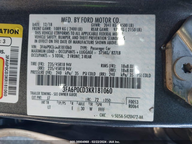 Ford FUSION SEL 2019 3FA6P0CD3KR181060 Image 9