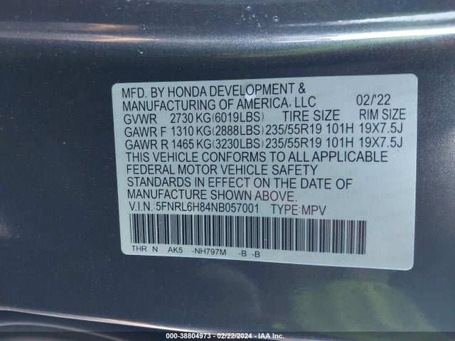 Honda Odyssey Touring 2022 5FNRL6H84NB057001 Image 9