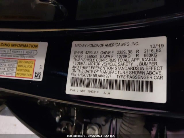Honda ACCORD LX 2020 1HGCV1F10LA041927 Image 9