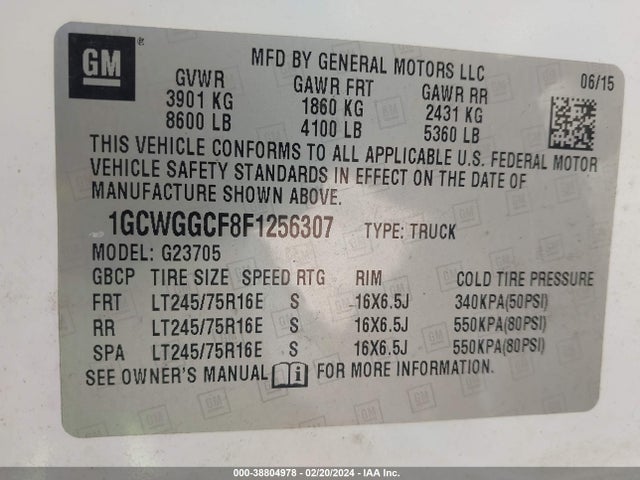 Chevrolet Express 2500 Work Van 2015 1GCWGGCF8F1256307 Image 9