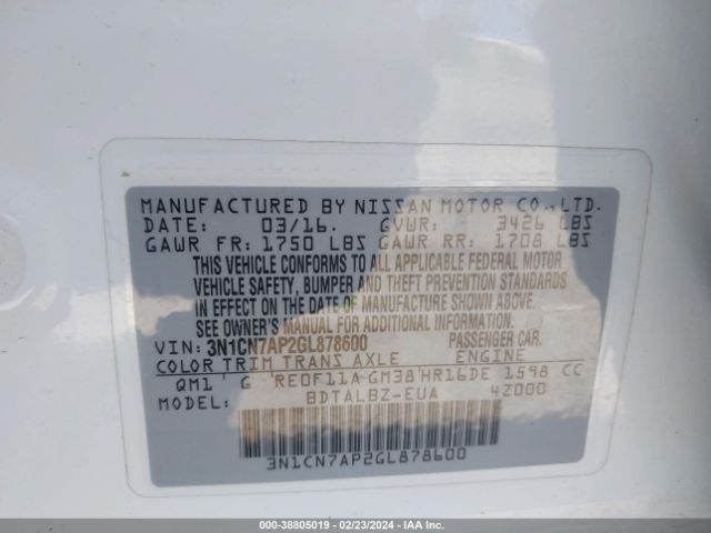 3N1CN7AP2GL878600 Nissan Versa 1.6 S/1.6 S+/1.6 Sl/1.6 Sv