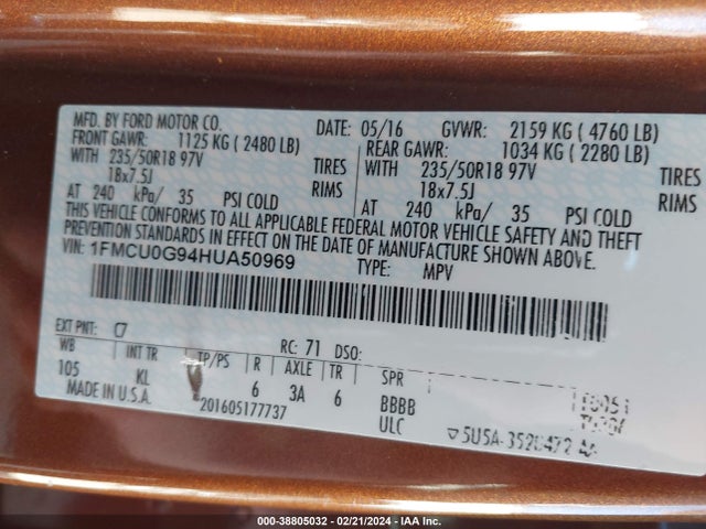 Ford ESCAPE SE 2017 1FMCU0G94HUA50969 Image 9