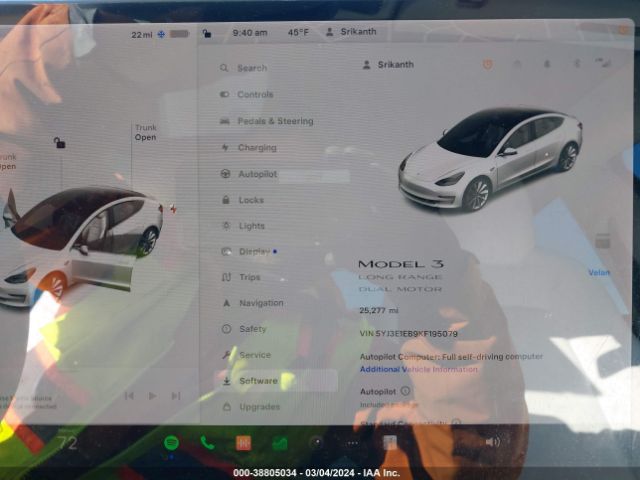 5YJ3E1EB9KF195079 Tesla Model 3 Long Range/performance