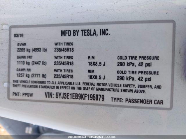 5YJ3E1EB9KF195079 Tesla Model 3 Long Range/performance