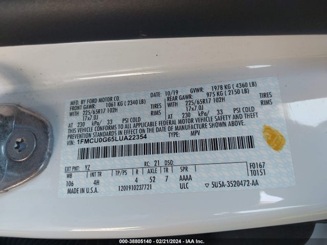 Ford ESCAPE SE 2020 1FMCU0G65LUA22354 Image 9