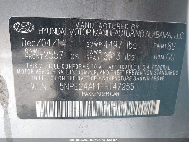 Hyundai SONATA SE 2015 5NPE24AF1FH147255 Image 9